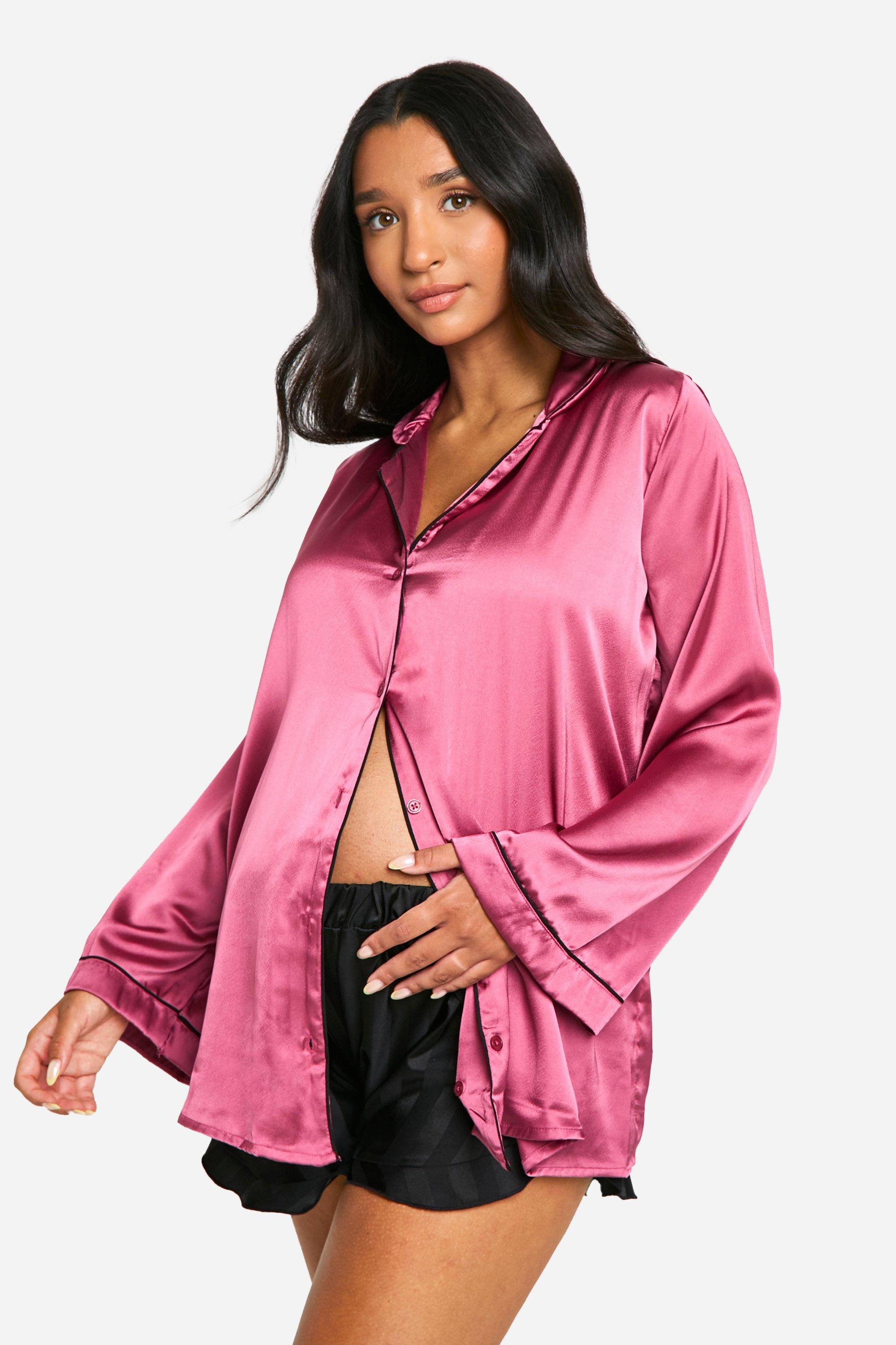 Womens Maternity Satin Piped Pyjama Nightshirt - Pink - 16, Pink